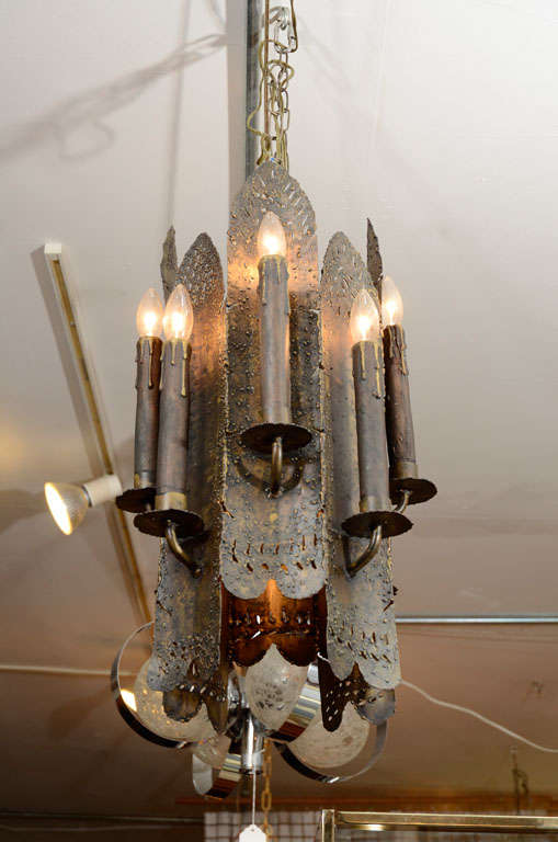 Hand tooled, punched metal Gothic styled pendant light fixture. Please contact for location. Offered by Las Venus by Kenneth Clark, New York City.