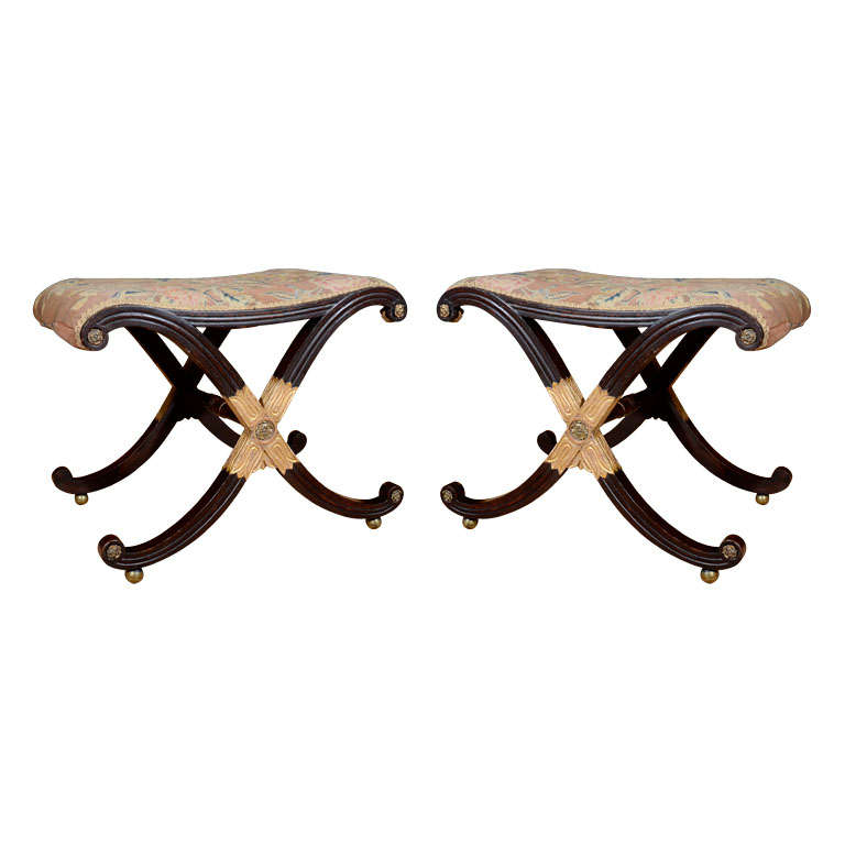 A Fine Pair of Regency Simulated Rosewood and Parcel-Gilt Stools