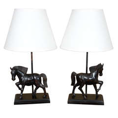 Indian Art Deco Ebony Horse Lamps