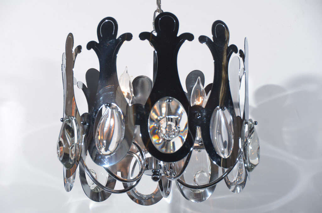 Mid Century Chrome and Crystal Chandelier