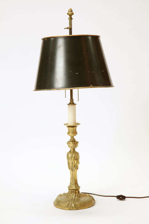 Regency Style Gilt-Metal Candlestick Lamp
with tole shade, double light lamp