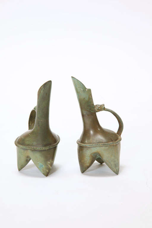 Pair of Bronze Chinese Wine Pitchers, with Leopard Handles