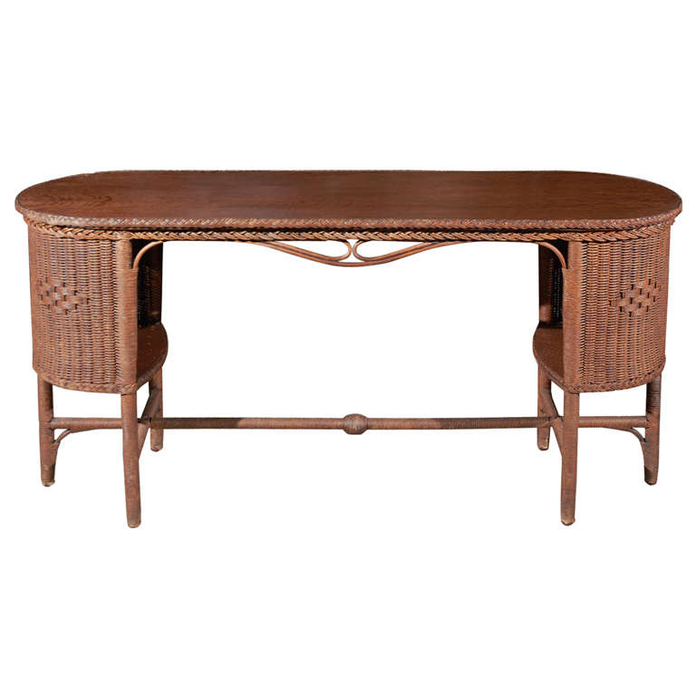 Wicker and Wood Library Table at 1stdibs