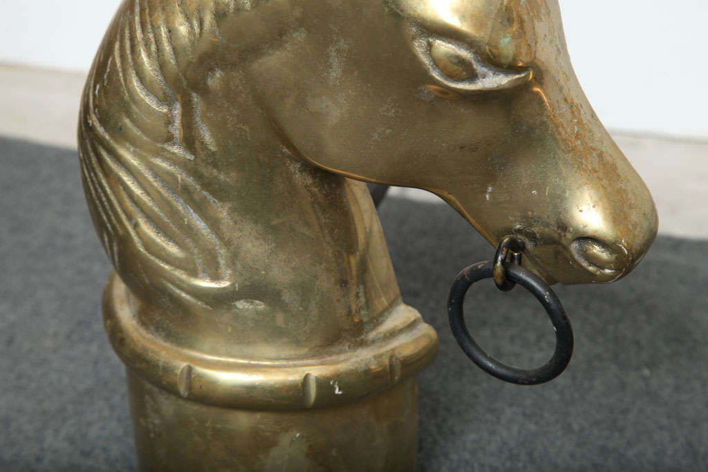 Mid-20th Century Pair of Vintage Brass Horse Head Andirons