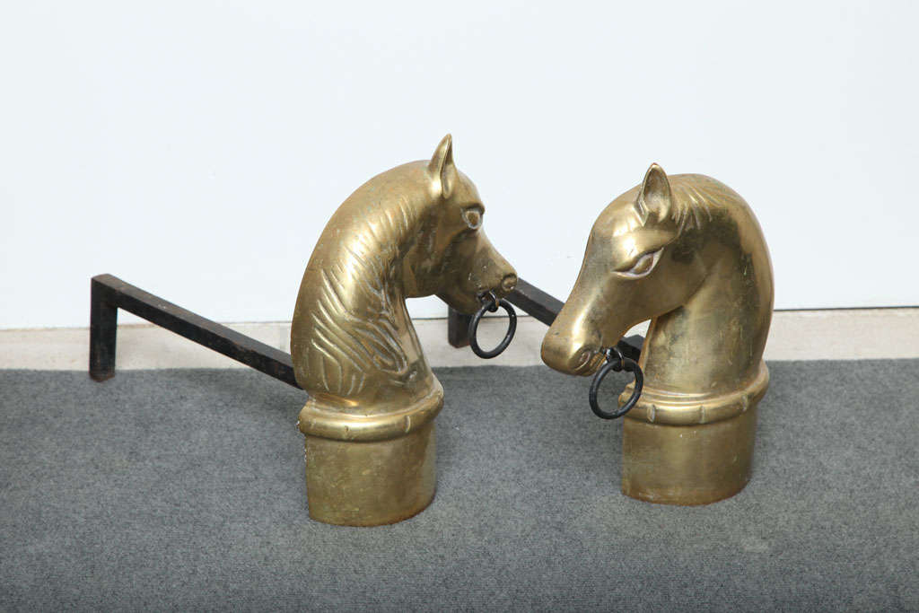 Pair of Vintage Brass Horse Head Andirons 1