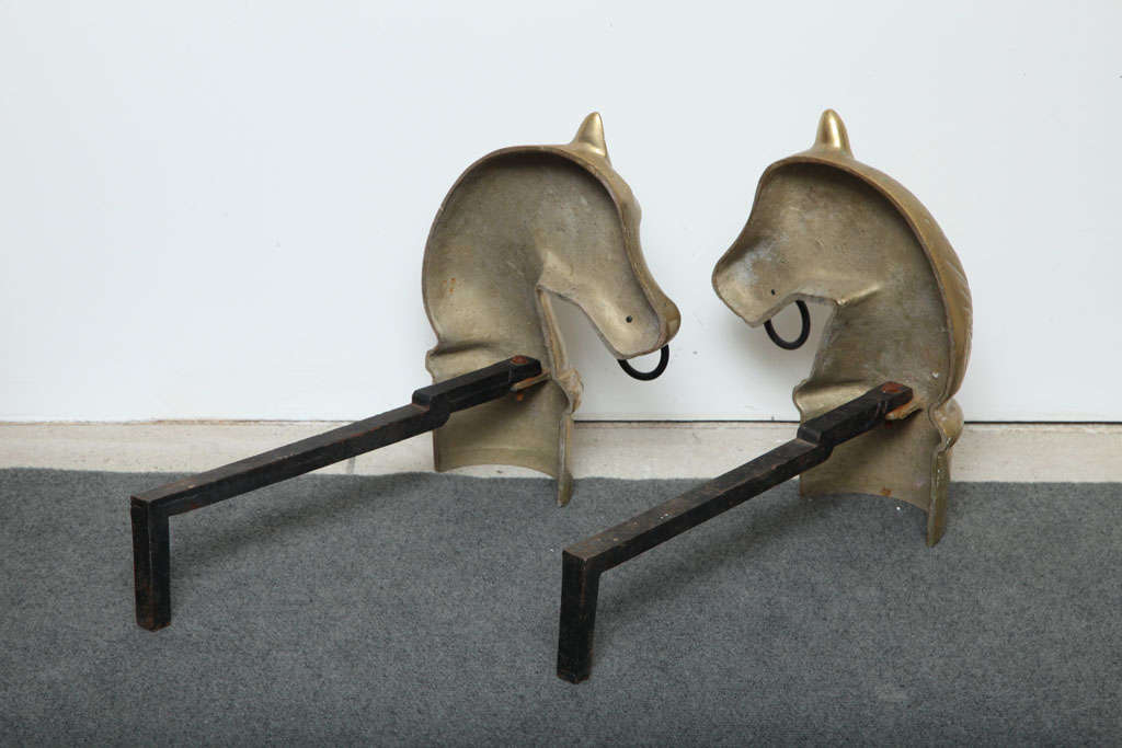 Pair of Vintage Brass Horse Head Andirons 3