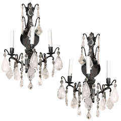 Pair of Bronze Sconces with Rock Crystal and Lead Crystal