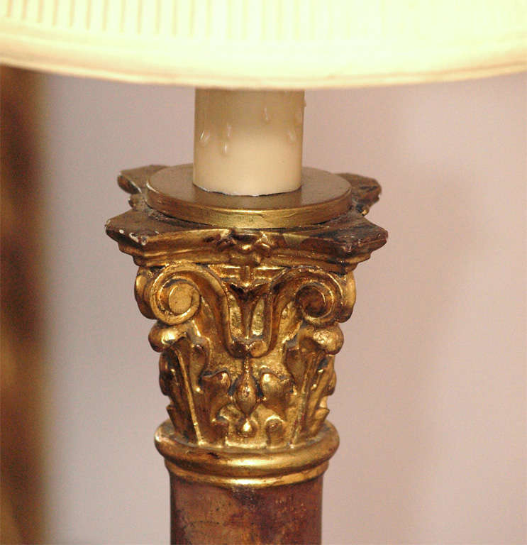 Two19th C Italian Painted Faux Marble & Carved Gilt Wood Corinthian Column Lamps In Fair Condition For Sale In New Orleans, LA
