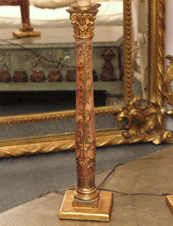 Two19th C Italian Painted Faux Marble & Carved Gilt Wood Corinthian Column Lamps For Sale 2