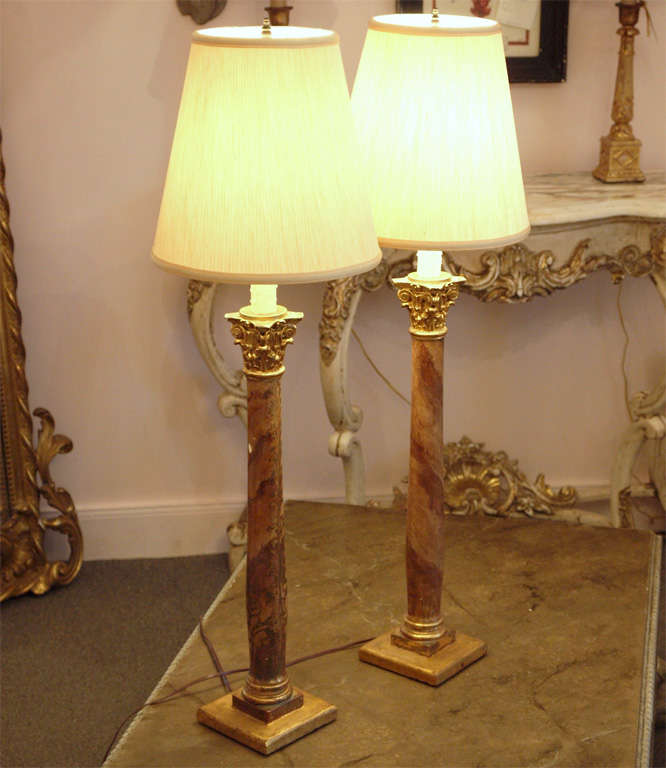 Two19th C Italian Painted Faux Marble & Carved Gilt Wood Corinthian Column Lamps For Sale 4
