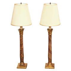 Two19th C Italian Painted Faux Marble & Carved Gilt Wood Corinthian Column Lamps