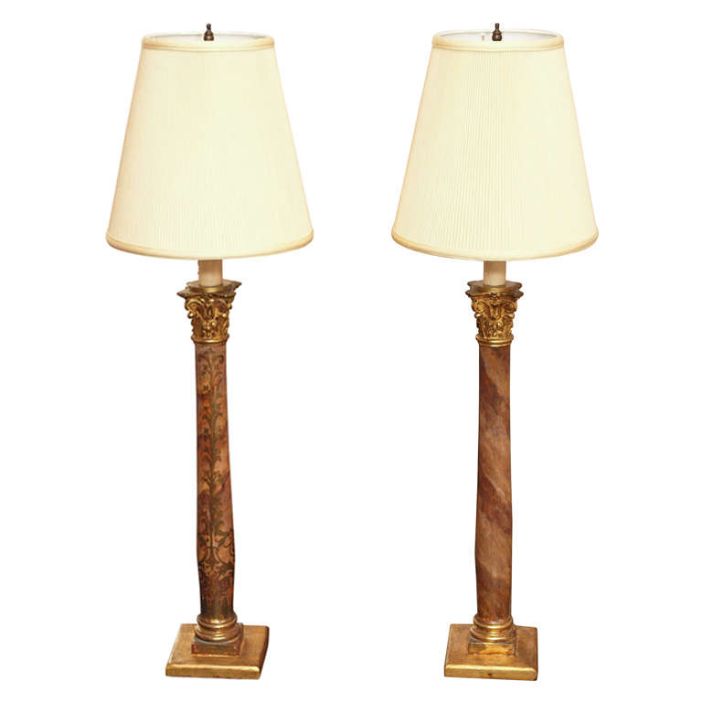 Two19th C Italian Painted Faux Marble & Carved Gilt Wood Corinthian Column Lamps For Sale