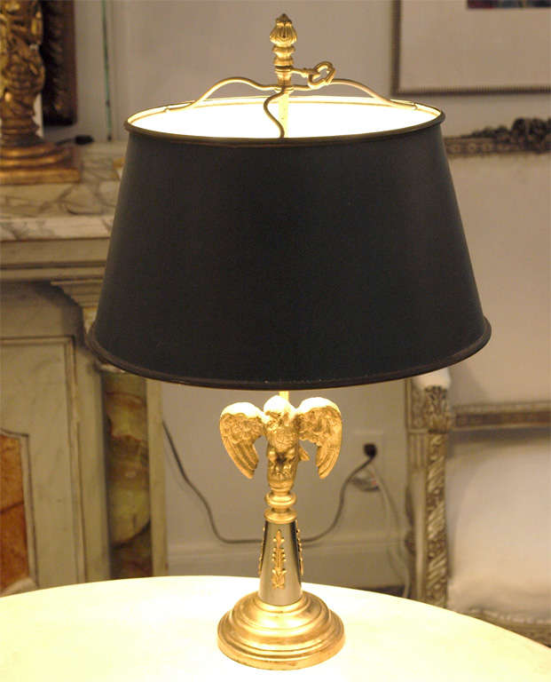 Early 20th C French Bronze Empire Style Lamp With Eagle & Painted Tole Shade 3