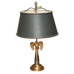 Early 20th C French Bronze Empire Style Lamp With Eagle & Painted Tole Shade