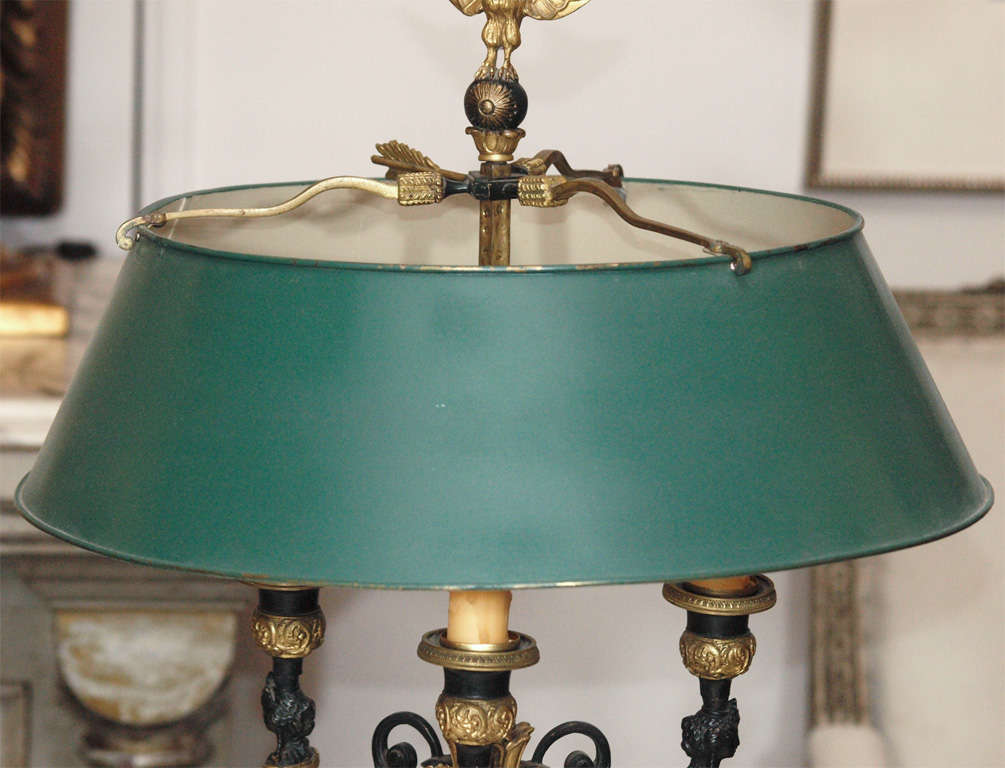 19th Century 19th C 3 Arm French Paint & Bronze Neoclassical Bouillotte Lamp With Tole Shade For Sale