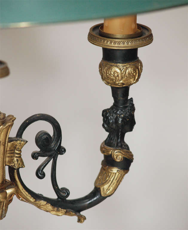 19th C 3 Arm French Paint & Bronze Neoclassical Bouillotte Lamp With Tole Shade For Sale 2