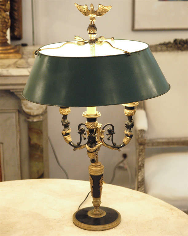 19th C 3 Arm French Paint & Bronze Neoclassical Bouillotte Lamp With Tole Shade For Sale 5