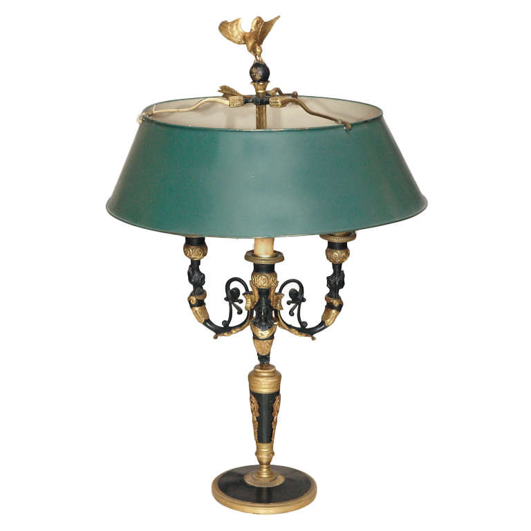 19th C 3 Arm French Paint & Bronze Neoclassical Bouillotte Lamp With Tole Shade For Sale