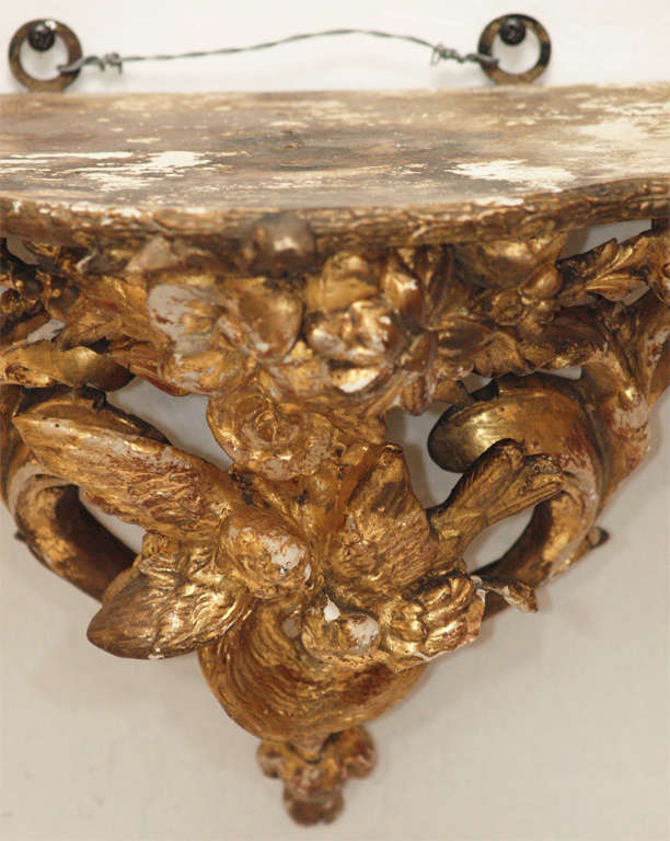19th C Rococo Style French Carved Giltwood Bracket With Birds and Flowers Motifs In Fair Condition For Sale In New Orleans, LA