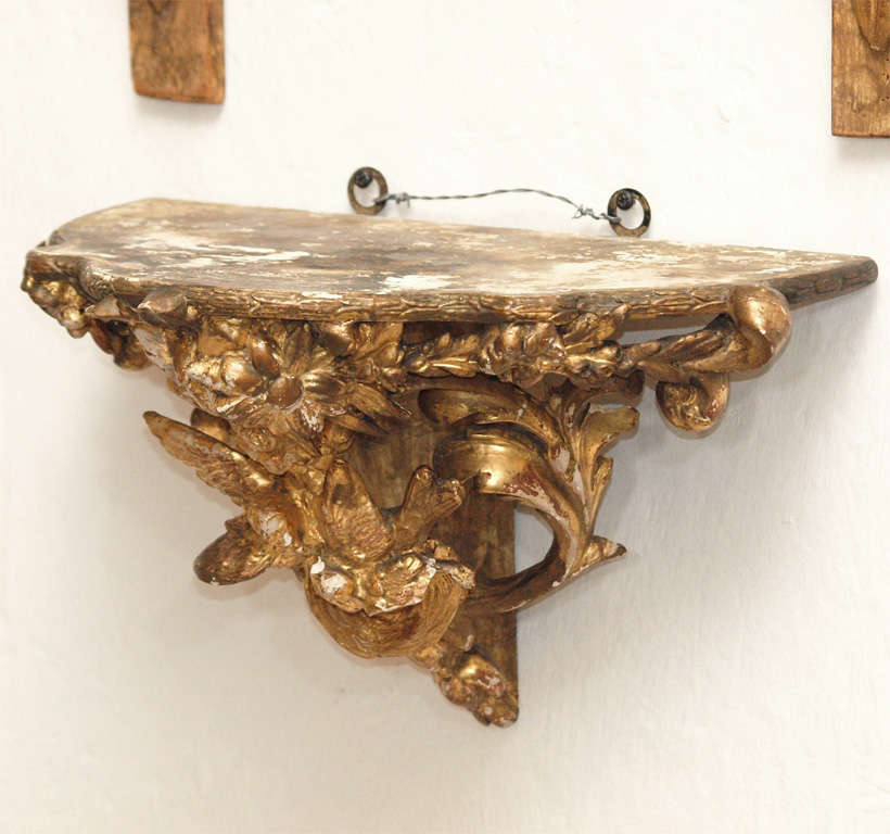 19th C Rococo Style French Carved Giltwood Bracket With Birds and Flowers Motifs For Sale 1