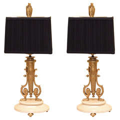 Pair of 19th Century French Empire Style Bronze Lamps On A Marble Base