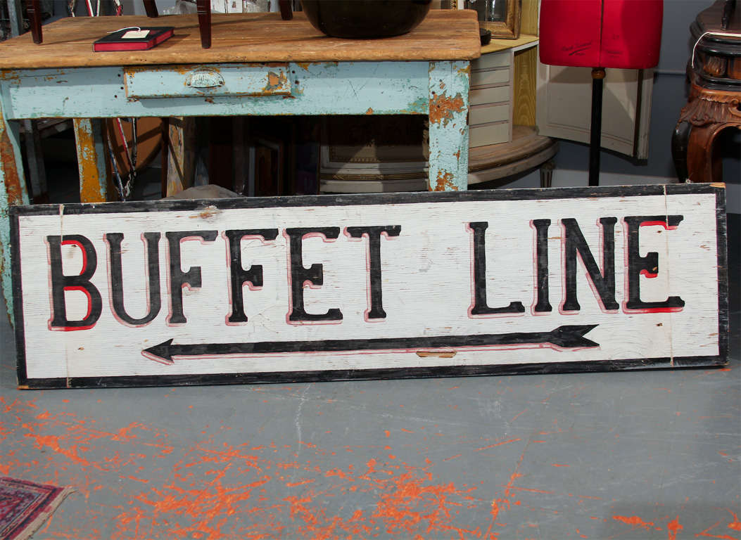 Direct your guests to the food with this sign that had been used at a Grange hall. The back side had been more recently painted as advertising sign for antique/gift shop
Great for parties or in the kitchen.