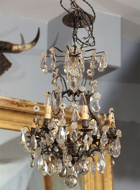 blackened metal frame, crystal and glass 9 light chandelier found in Paris, newly rewired  (6 outer candles, 3 interior)  nice small size, very pretty lit