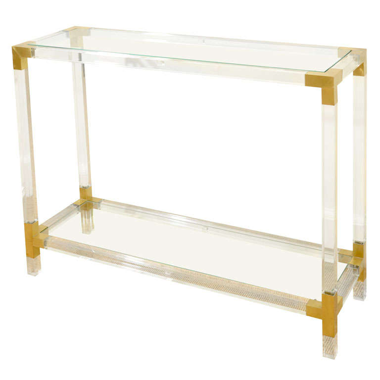 A Lucite, Glass and Brass French Console