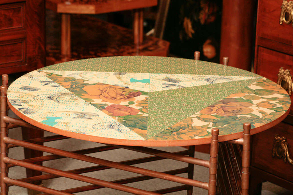 Unusual Table Made With Copper Pipe And Circular Decopage Top