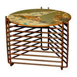 Vintage Unusual Table Made With Copper Pipe And Circular Decopage Top