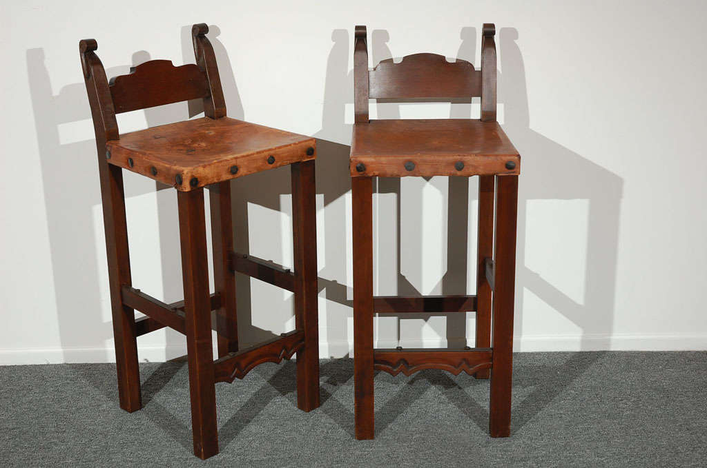 Pair Of Arts & Crafts Bar Stools, leather Seats w/ Orig. Rivets