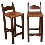 Pair Of Arts & Crafts Bar Stools, leather Seats w/ Orig. Rivets