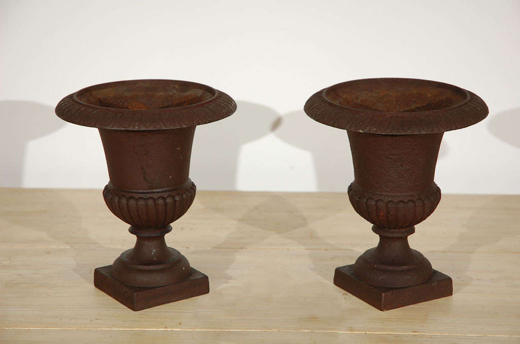 PAIR OF 19THC TABLE  TOP IRON URNS/NATURAL PATINA