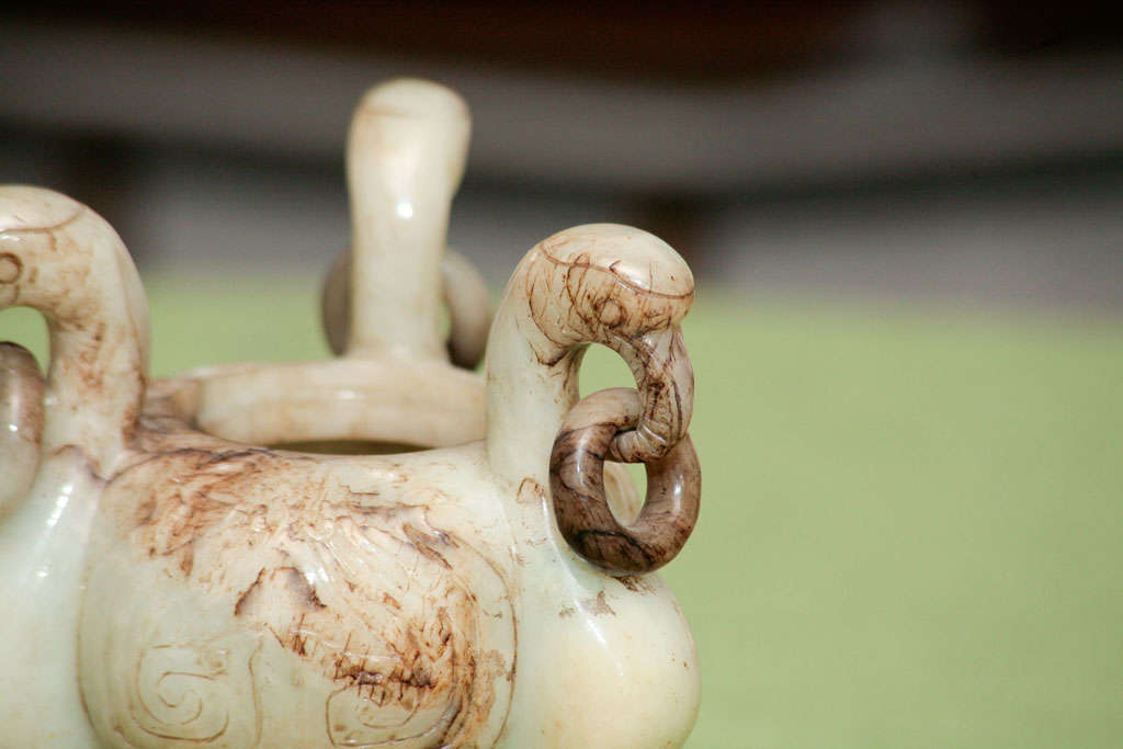 Turn of  Century Carved Mutton Fat Jade Covered Urn 2