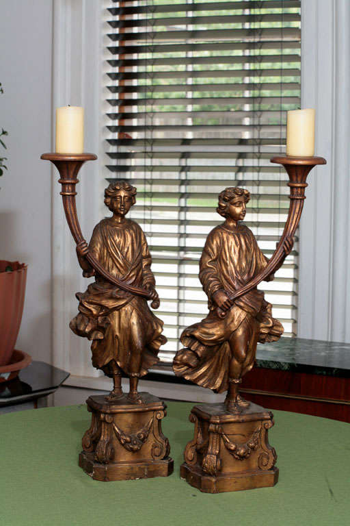 Hand-Carved Italian Baroque Figural Pricket Candlesticks For Sale