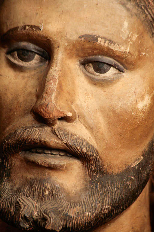 19th Century Carved wood and painted head of Saint.