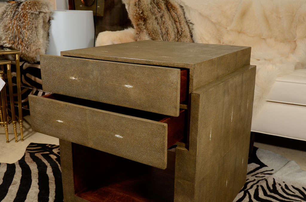 Philippine Shagreen Side Tables, Nightstands, Khaki Color, Contemporary Design, Two Drawers For Sale