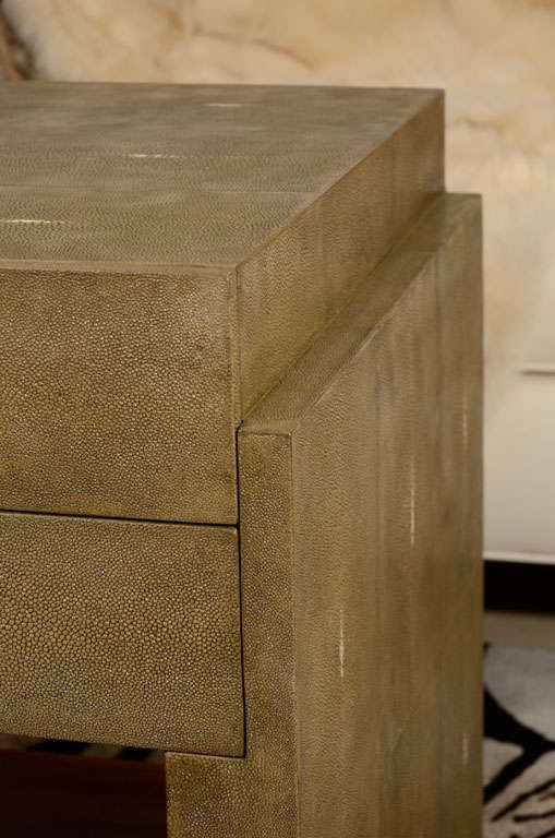 Hand-Crafted Shagreen Side Tables, Nightstands, Khaki Color, Two Drawers, Contemporary Design For Sale
