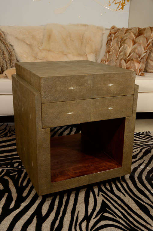 Decorative pair of shagreen side tables, nightstands with two drawers. Inside the shelving unit is medium dark colored palm wood. Production time 15-16 weeks plus delivery. Designed in France.