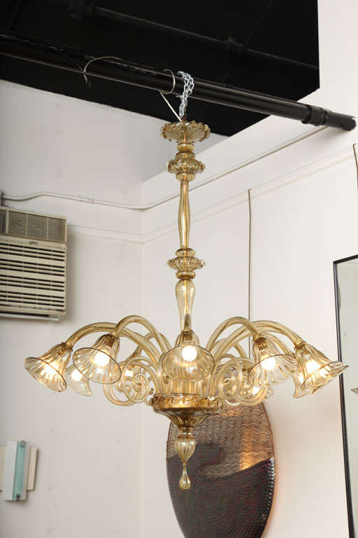Stunning twelve-light chandelier in topaz blown glass, made in 1930s in Venice by Salviati.
In between each arm with a shade there is a curly piece of glass.
Truly a wonderful Venetian chandelier.
   