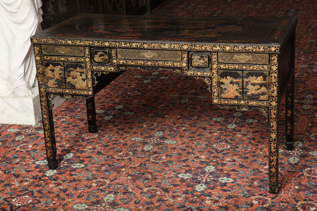 20th Century A Very Unusual Chinese Export Gilt Black Lacquer Desk