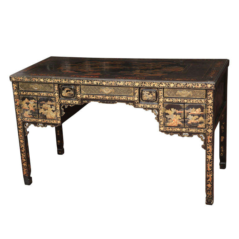 A Very Unusual Chinese Export Gilt Black Lacquer Desk