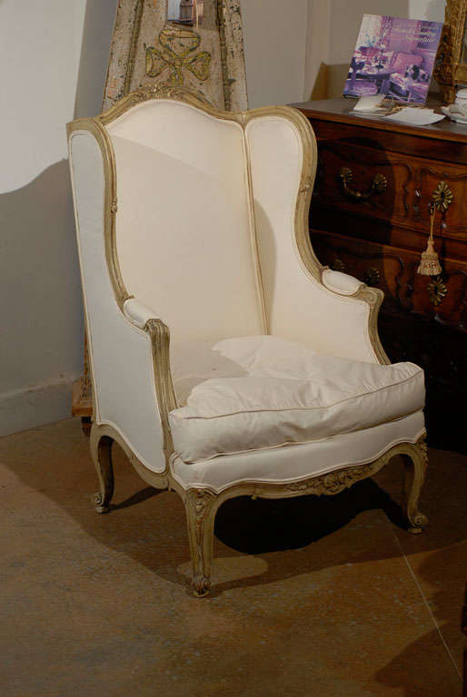 French Louis XV Style 1840s Painted Wingback Bergère Chair with New Upholstery 1