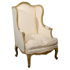 Antique French Louis XV Style 1840s Painted Wingback Bergère Chair with New Upholstery