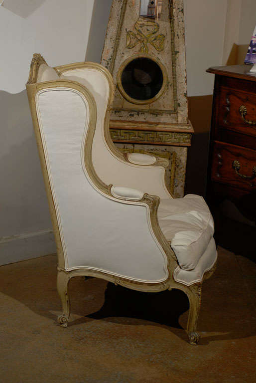 Carved French Louis XV Style 1840s Painted Wingback Bergère Chair with New Upholstery