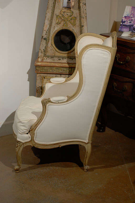 19th Century French Louis XV Style 1840s Painted Wingback Bergère Chair with New Upholstery