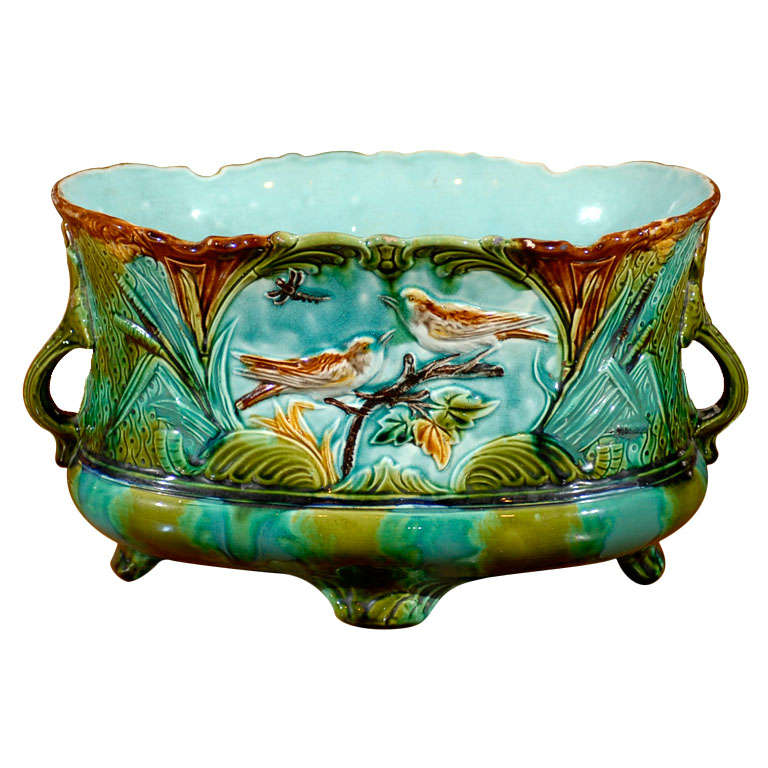 French 1920s Majolica Two-Handled Cachepot with Birds and Dragonfly Motifs