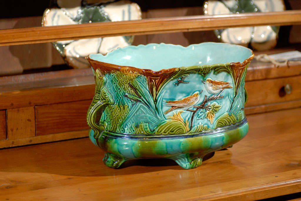 20th Century French 1920s Majolica Two-Handled Cachepot with Birds and Dragonfly Motifs