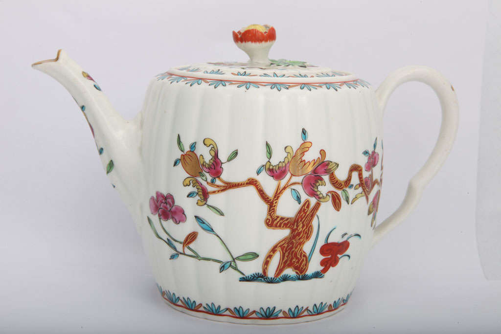 A rare First Period Worcester porcelain barrel shape teapot painted with oriental flowers, Ex: Kydd, Zorensky and Lever collections