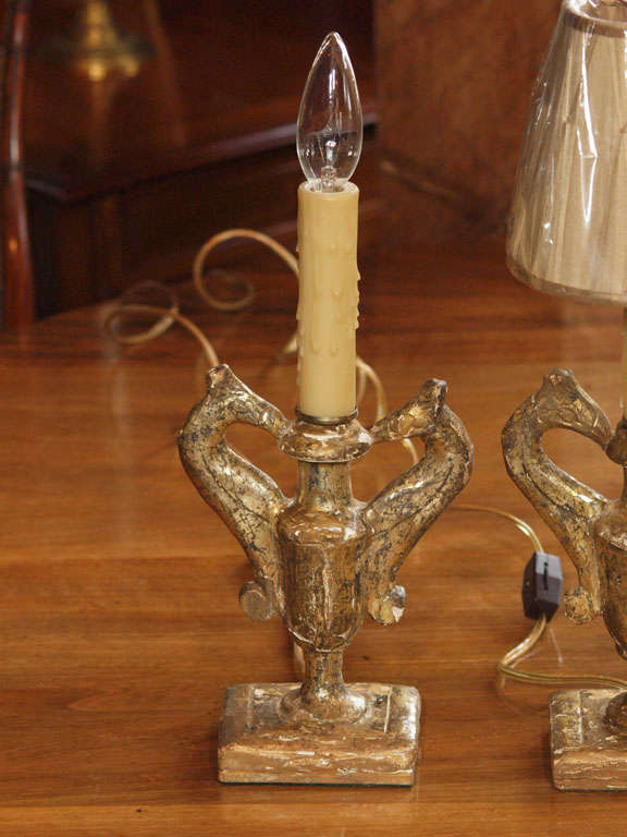 19th Century Pair Italian Giltwood Lamps with griffin handles